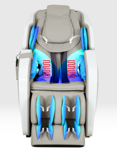 Titan Pro Omega Massage Chair taupe variant and an illustration of its twin heating coils in the lumbar area and airbags