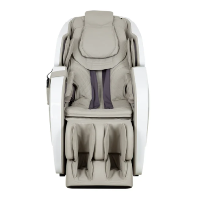 Titan TI-Pro Omega 3D Massage Chair with taupe faux leather upholstery, white hard shell exterior, and a pouch for the remote