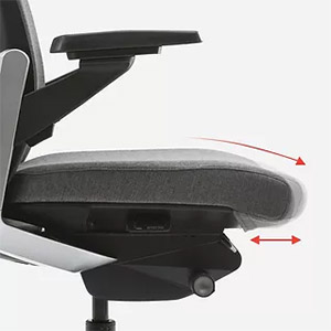 Sidiz Chair T80 dark gray variant with red arrows indicating the seat slide/slope adjustability