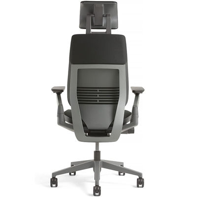 Steelcase Gesture Office Chair with black fabric upholstery, headrest, wrapped back, and black frame