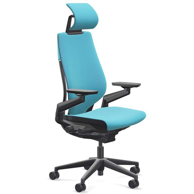 Steelcase Gesture with headrest, sky blue fabric upholstery, and black frame