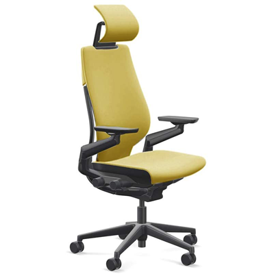 Steelcase Gesture with yellow fabric upholstery, black frame, and headrest