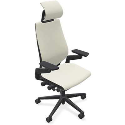 Steelcase Gesture Chair with white leather upholstery, black frame, and headrest