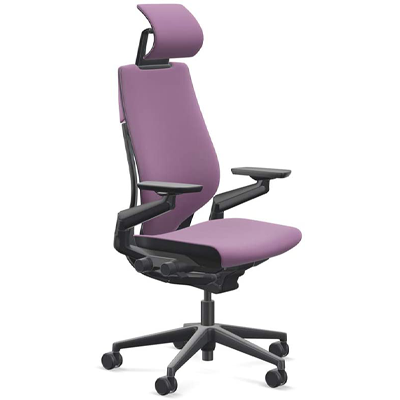 Steelcase Gesture Office Chair with purple fabric upholstery, headrest, and black frame
