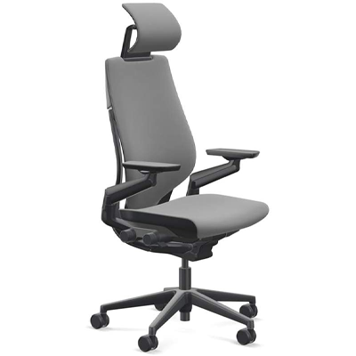 Steelcase Gesture Chair with dark gray fabric upholstery, black frame, and headrest