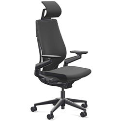 Steelcase Gesture Chair with black fabric upholstery, black frame, and headrest