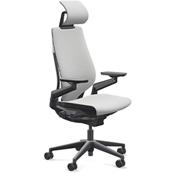 Steelcase Gesture with light gray fabric upholstery, black frame, and headrest