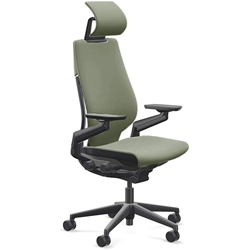 Steelcase Gesture Chair with army green fabric upholstery, black frame, and headrest