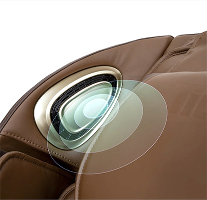 Titan 3D Quantum Massage Chair brown variant and its gold and black Bluetooth speakers on both sides of the headrest