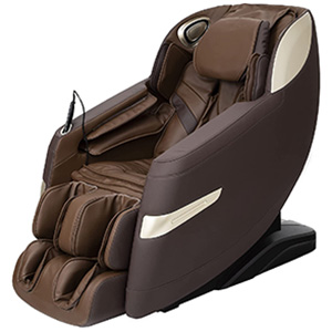 Titan Quantum Massage Chair with dark brown PU upholstery, dark brown exterior, and gold highlights