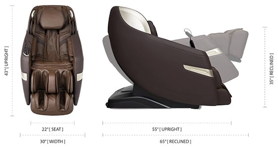 Titan 3D Quantum Massage Chair brown variant and its dimensions when sitting upright and when fully reclined