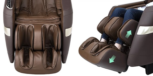 Person wearing jeans and sitting on the Titan Quantum massage chair brown variant with extendable leg ports