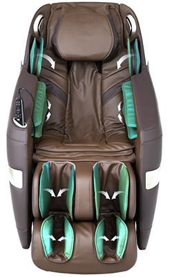 Titan Quantum Massage Chair brown variant and its airbags located at the shoulders, arms, calves, and feet