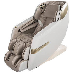 Titan Quantum Massage Chair with taupe PU upholstery, white exterior, and gold highlights