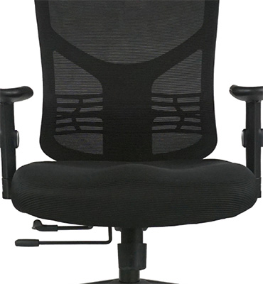XChair with black frame, black mesh seatback, black fabric-covered seat, and thick cushion
