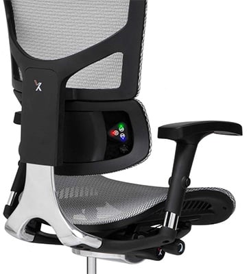 X-Chair with gray mesh seat and seatback, and buttons on the lumbar support for the massage and heat functions