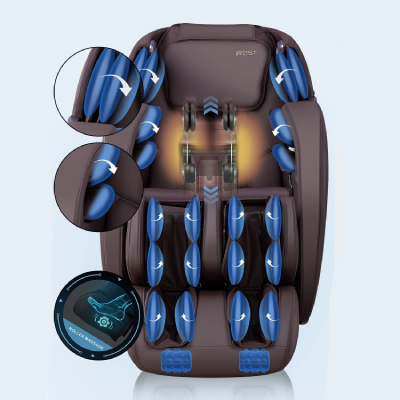 iRest A303 massage chair brown variant and an illustration of its lumbar heat, airbags, back rollers, and foot rollers