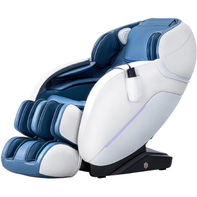 iRest A303 Massage Chair with blue PU upholstery, white exterior, black base, and a pouch for the remote
