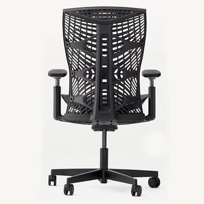 Ergochair Pro+ all black with webbing on seatback made from thermoplastic strands, and black frame and casters