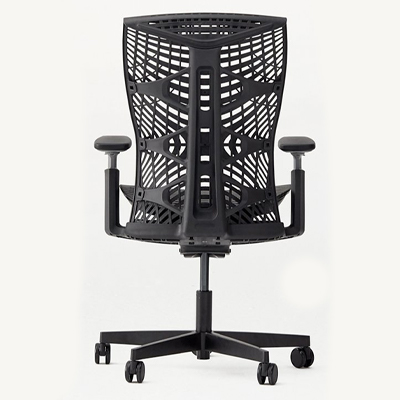 Ergochair Pro+ all black with webbing on seatback made from thermoplastic strands, and black frame and casters