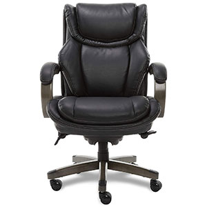 Harnett Office Chair with black bonded leather upholstery, solid wood for the arms and base, and thick padding