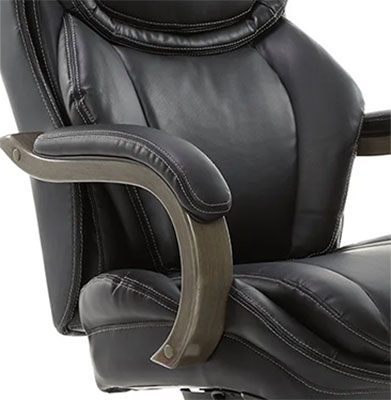 Harnett Office Chair black variant's solid wood armrests with cushion but not adjustable
