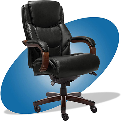 Lazboy Delano with black bonded leather upholstery and mahogany wood finish for the armrests and frame