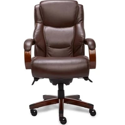 Delano chair with chestnut brown bonded leather upholstery and mahogany wood finish for the frame and armrests
