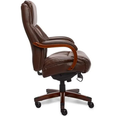 Delano chair with chestnut brown bonded leather upholstery and mahogany wood finish for the armrests and frame