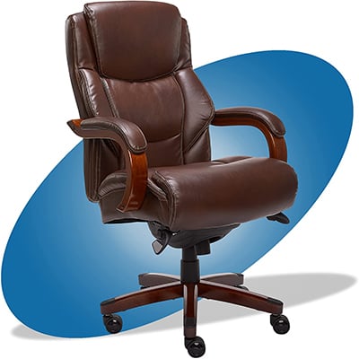 Delano office chair with chestnut brown bonded leather upholstery, multi-layered padding, and mahogany wood armrests
