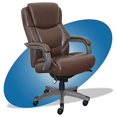 Delano Office Chair with chestnut brown bonded leather upholstery and weathered gray wood finish for the armrests and frame
