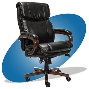 Trafford Executive Chair with black bonded leather upholstery, stained wood frame, padded armrests, and thick cushion