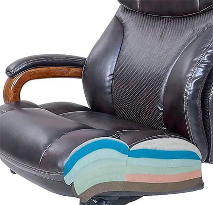 Trafford Office Chair black variant and a section view of its multiple layers of padding in the seat