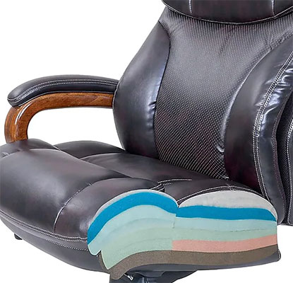 Trafford Office Chair black variant and a section view of its multiple layers of padding in the seat