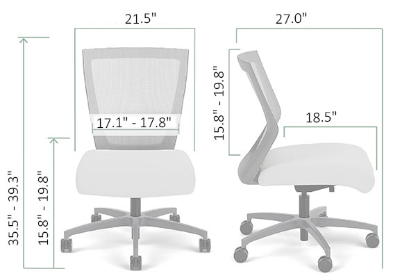 An illustration of the Run II office chair and its dimensions
