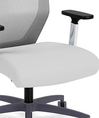 Run II Chair with gray mesh seatback, adjustable arms, black frame, and thick light gray fabric-covered seat cushion