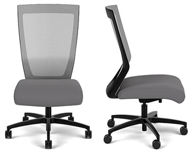 Run II Chair with gray mesh high back, no armrests, large gray fabric-covered seat, and black frame