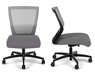 Run II chair with gray mesh mid-back, large gray fabric-covered seat, no armrests, and black frame