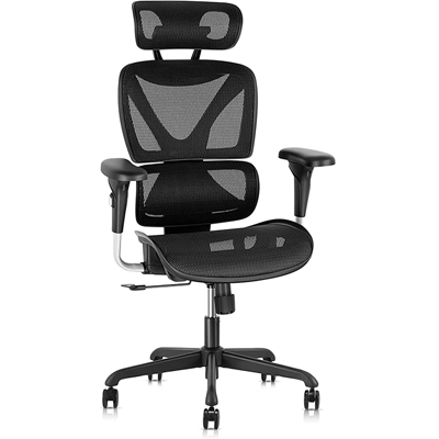Gabrylly office chair with double-back structure, black mesh headrest, seat, and seatback, and black base