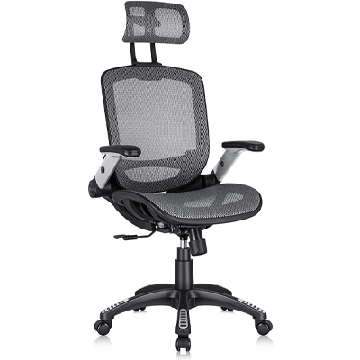 Gabrylly Office Chair with grey mesh seat, seatback, and headrest, adjustable armrests, and black base
