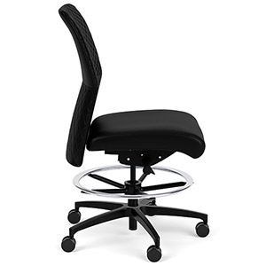 Via Seating Proform stool with black fabric upholstery, black base, aluminum footrest, and no armrests