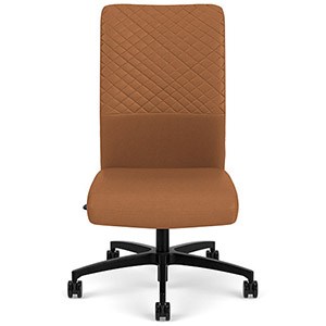 Via Seating Proform high-back chair with earth brown fabric upholstery, diamond stitch lines, black base, and no armrests