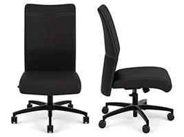 Via Seating Proform high-back chair with black upholstery, panel stitch lines, black base, and no armrests