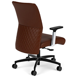 Via Seating Proform chair with chestnut brown leather upholstery, diamond stitch lines, adjustable armrests, and black base