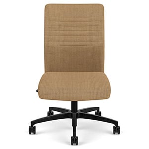 Via Seating Proform mid-back chair with light brown fabric upholstery, parallel stitch lines, black base, and no armrests