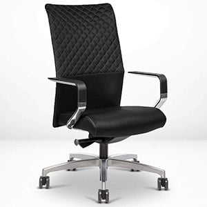 Via Proform chair with black upholstery, diamond stitch lines, chrome base, and polished aluminum fixed arms