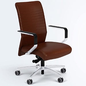 Via Proform chair with chestnut brown leather upholstery, parallel stitch lines, and polished aluminum fixed arms