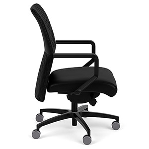 Via Seating Proform Office Chair with black leather upholstery, black fixed armrests, and black base