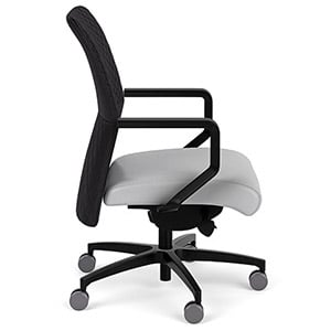 Via Seating Proform Office Chair with black seatback, black fixed armrests, gray leather seat, and black base