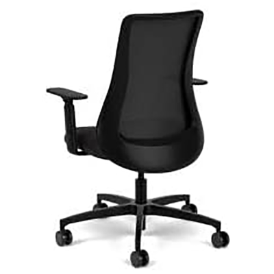 Genie Office Chair with black frame, black fabric cushion, black mesh seatback, and black base